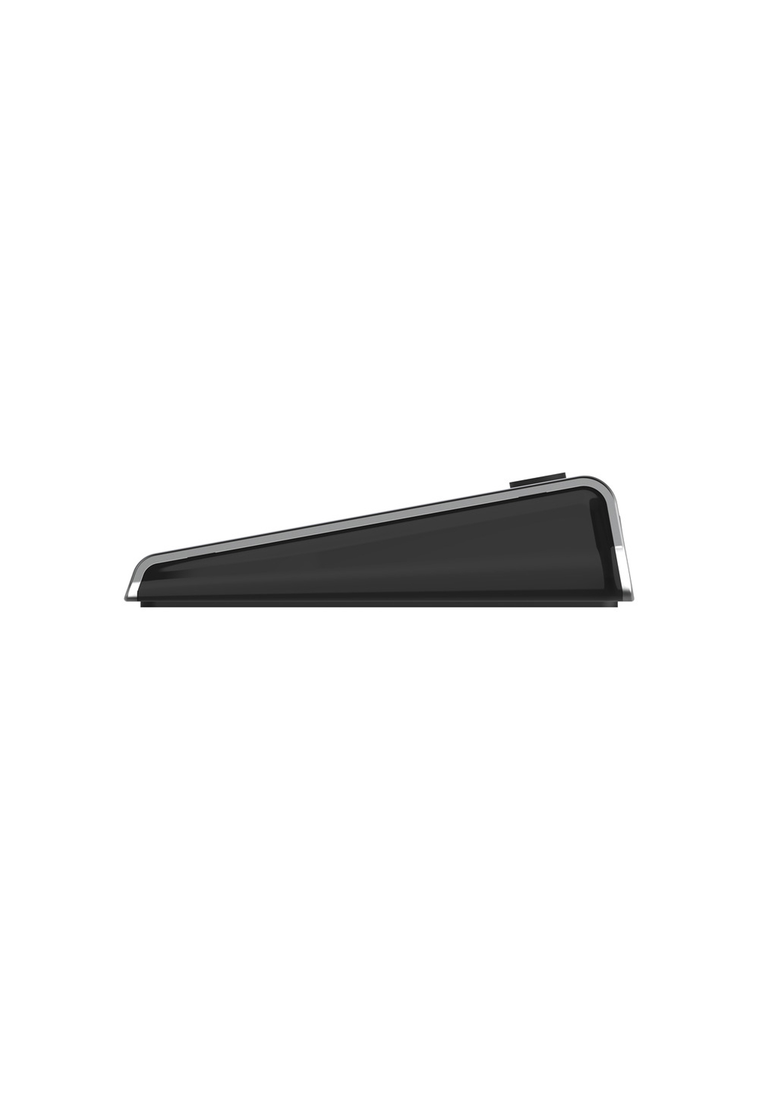 Schwarzes, angewinkeltes Gerät mit glänzendem Finish, möglicherweise eine Tastatur oder ähnliches.