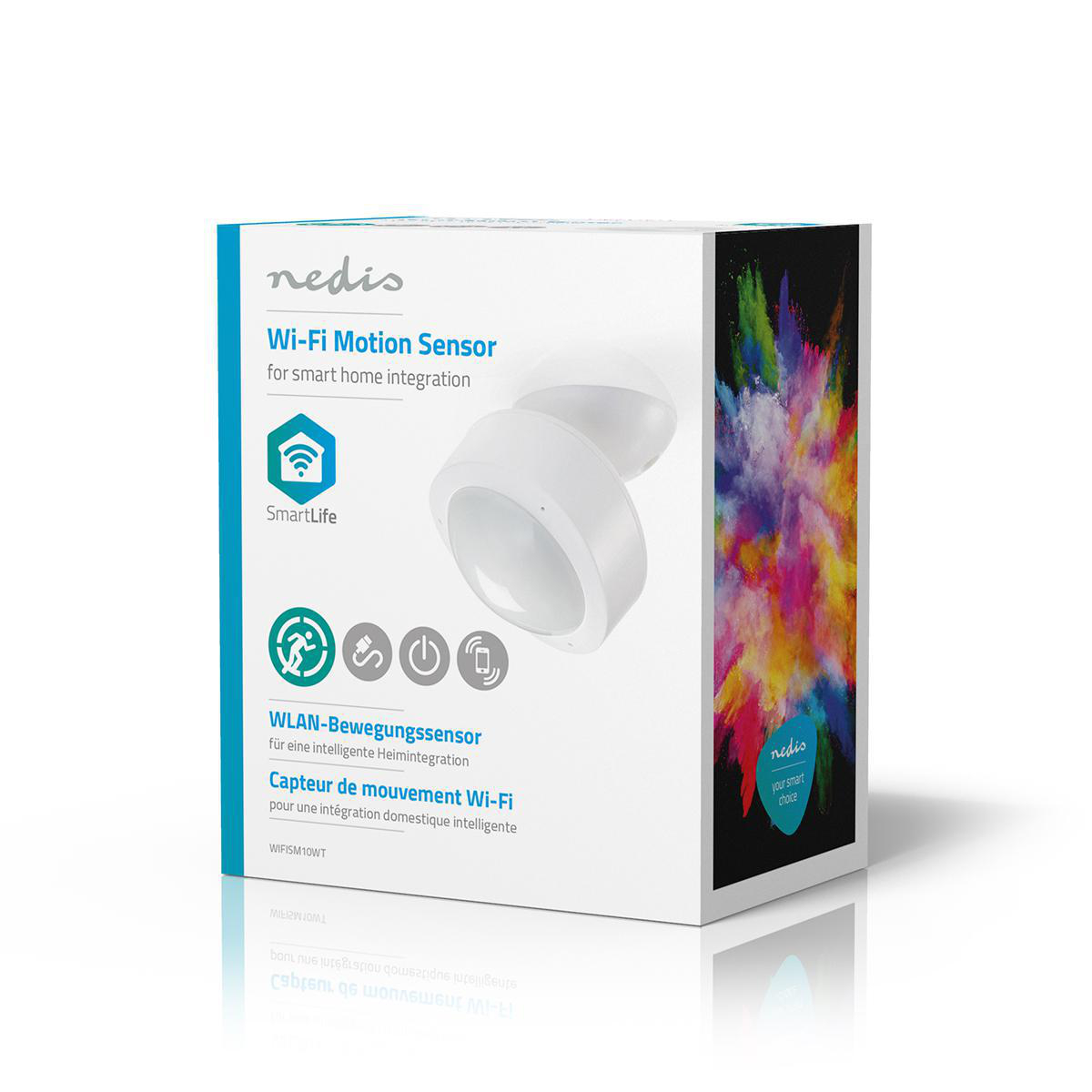 Białe pudełko z czujnikiem ruchu Wi-Fi, kolorowy rozprysk w tle.