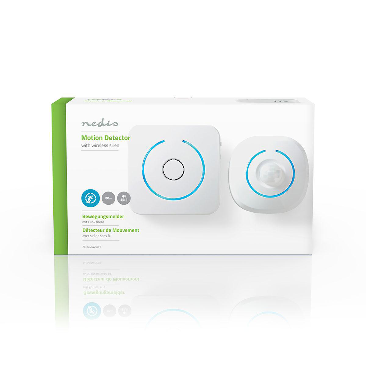 Weißer Bewegungsmelder mit drahtloser Sirene. Die Box ist weiß und grün, mit Produktdetails.