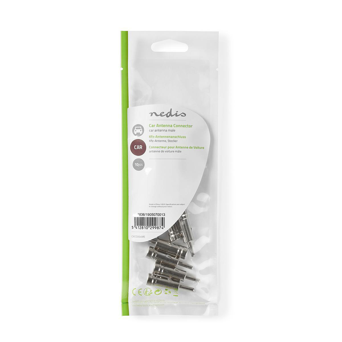 Emballage plastique transparent contenant plusieurs connecteurs d'antenne de voiture argentés, avec bord vert et fond blanc.