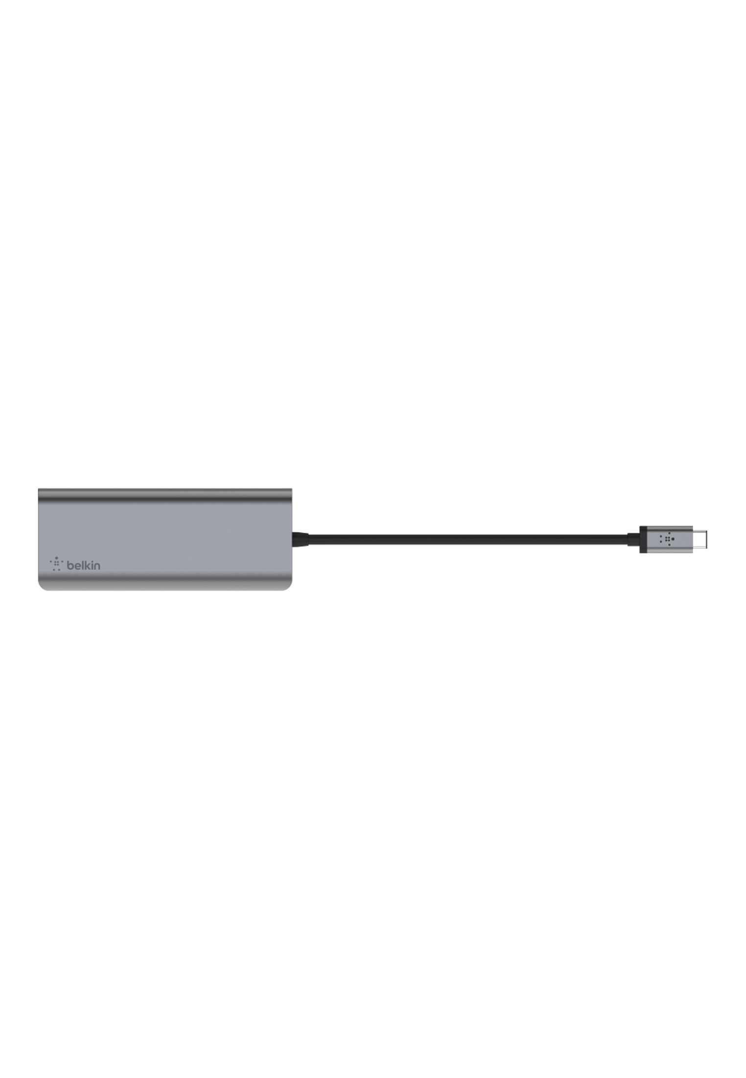 Un concentrador USB-C plateado con un cable USB-C adjunto, visto desde arriba.
