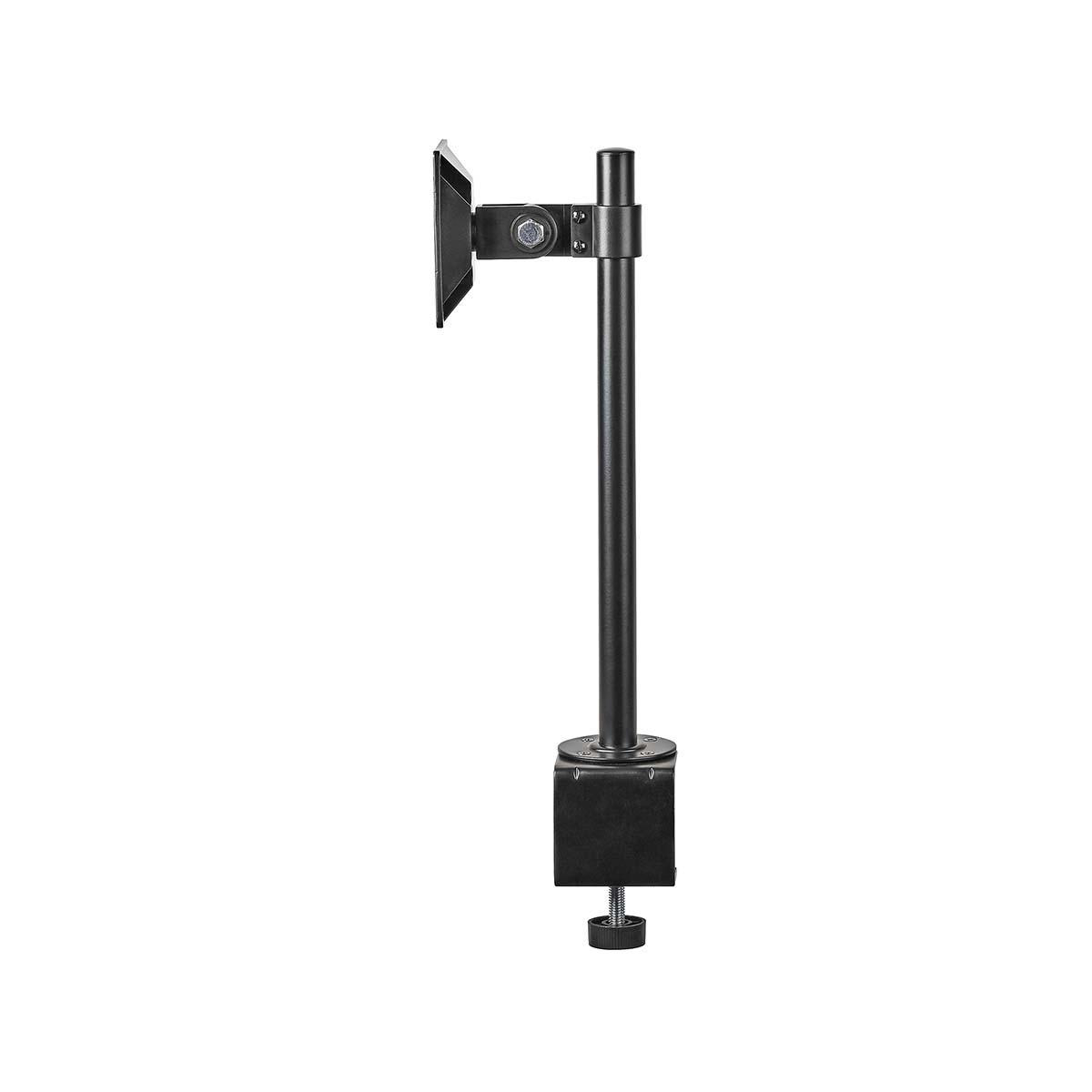 Schwarze Monitorhalterung. Ein schwarzer Arm erstreckt sich von einer Klemme, um einen Bildschirm zu tragen.