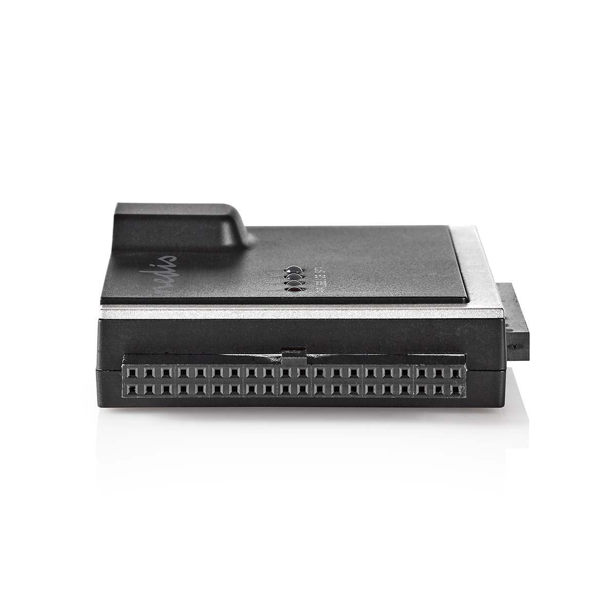 Un dispositivo elettronico nero con una fila di pin su sfondo bianco.