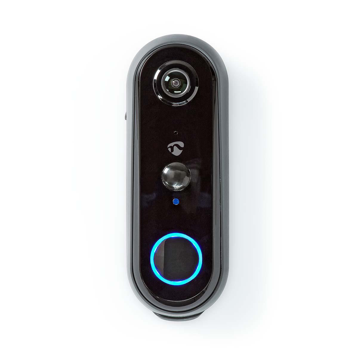Sonnette intelligente noire avec caméra, bouton et anneau lumineux bleu sur fond blanc.