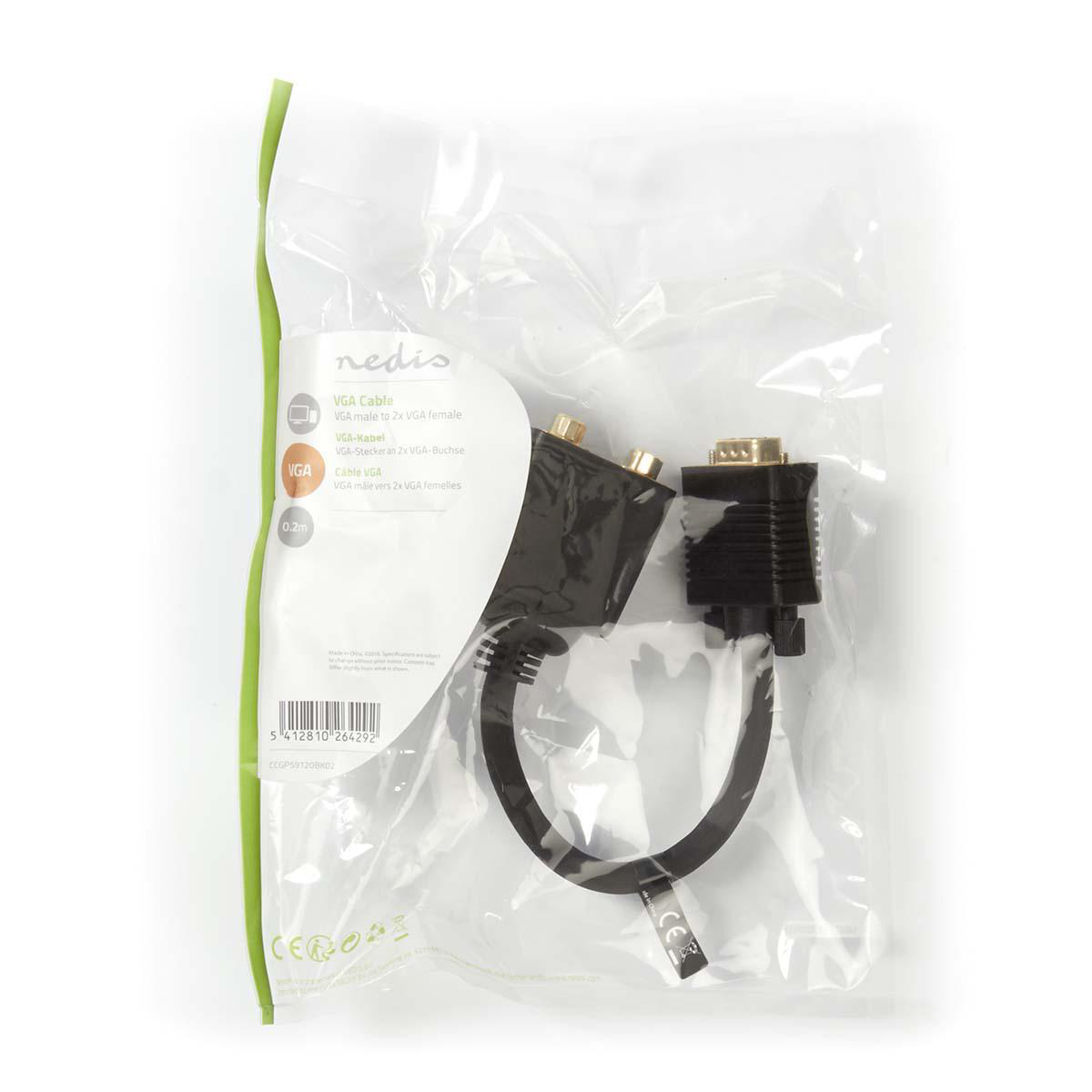 VGA-Kabel in einer Plastiktüte. Das Kabel hat zwei VGA-Buchsen.