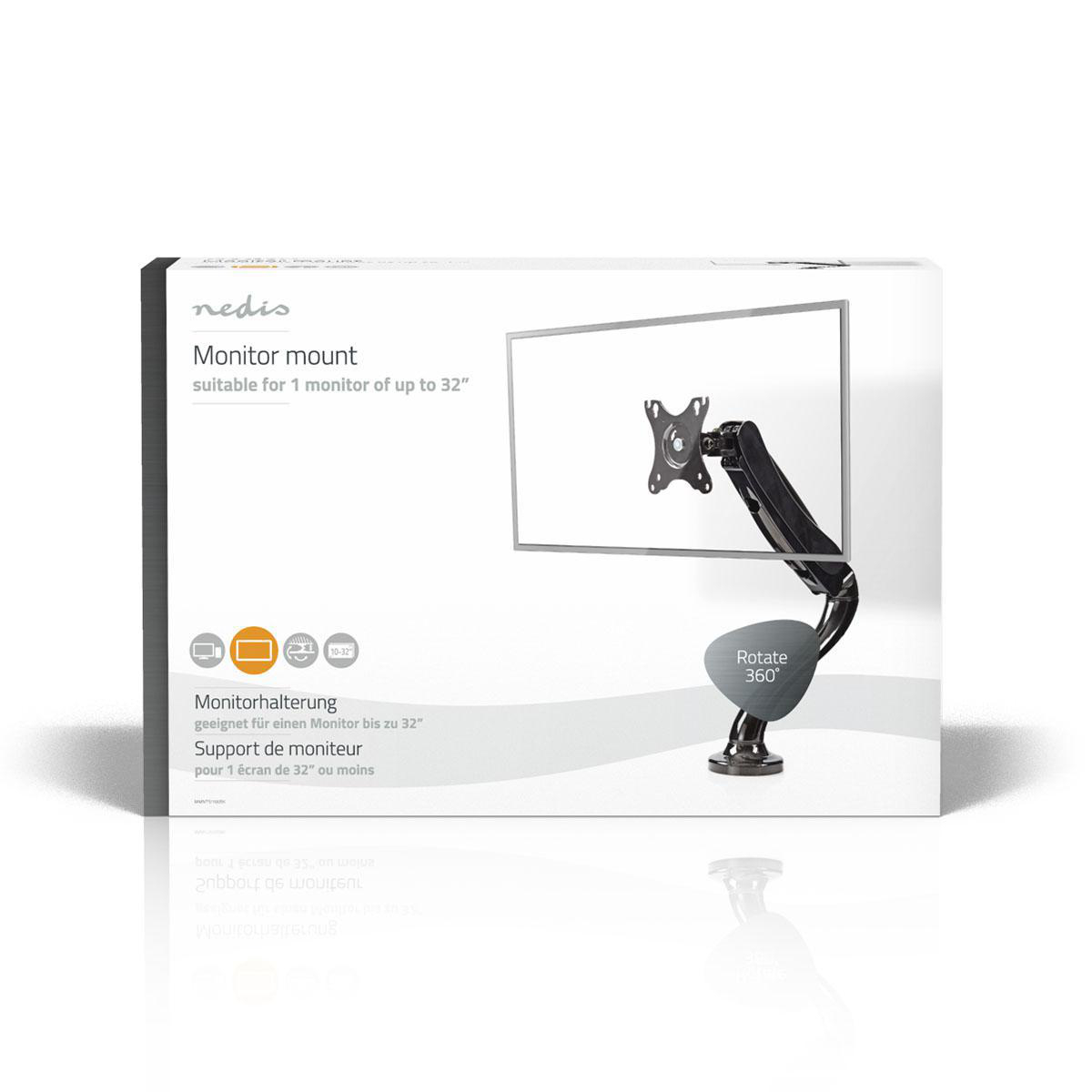 Eine Monitorhalterungsbox mit einer Monitorhalterung und einem Monitor auf weißer Oberfläche.