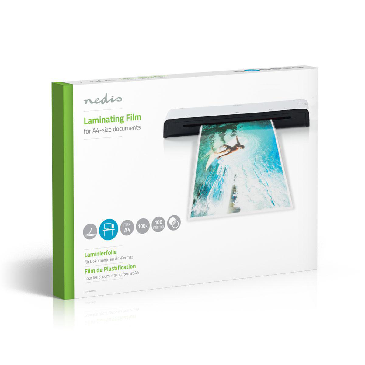 Laminierfolienverpackung mit Laminator und Foto, grüner Akzent an der Seite.