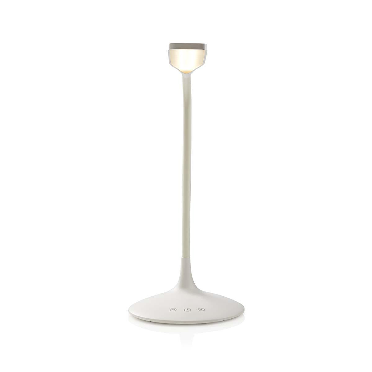 Lampada da scrivania bianca con collo curvo e tre pulsanti di accensione.