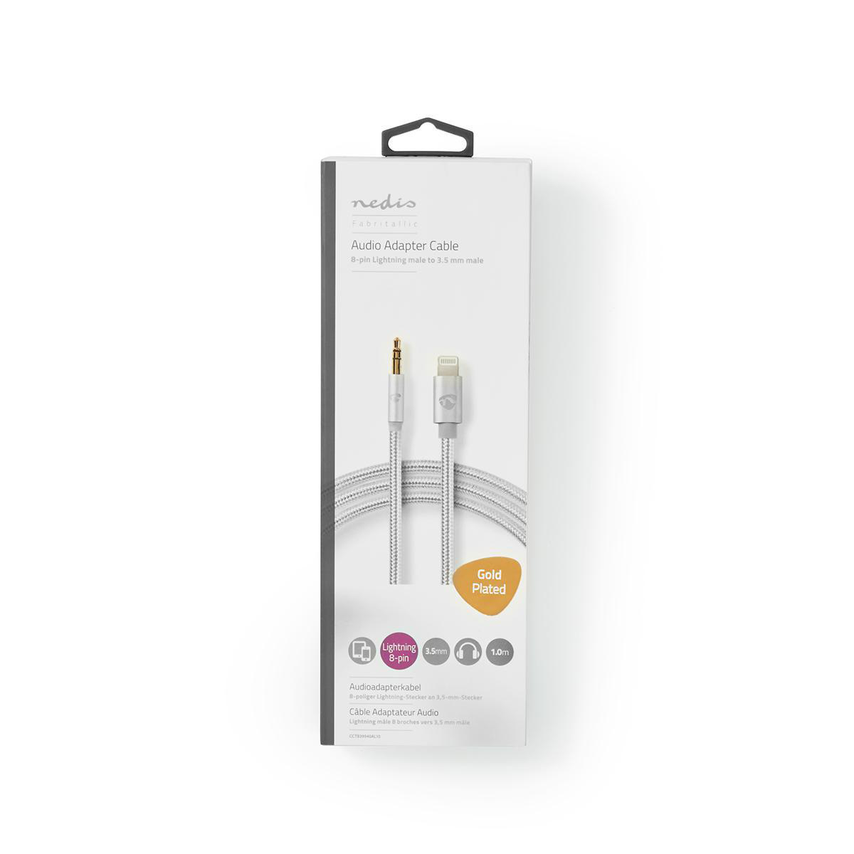 Audioadapterkabel, vergoldet, mit Lightning-auf-3,5-mm-Stecker.
