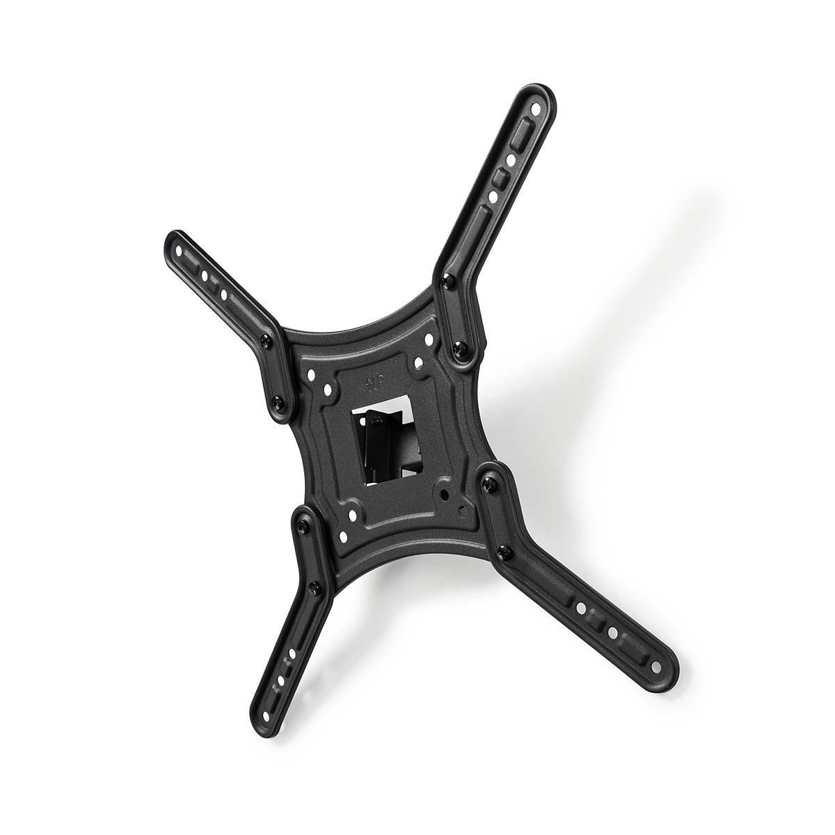 Supporto a parete TV nero su bianco. Forma quadrata con bracci estensibili e molti fori per viti.
