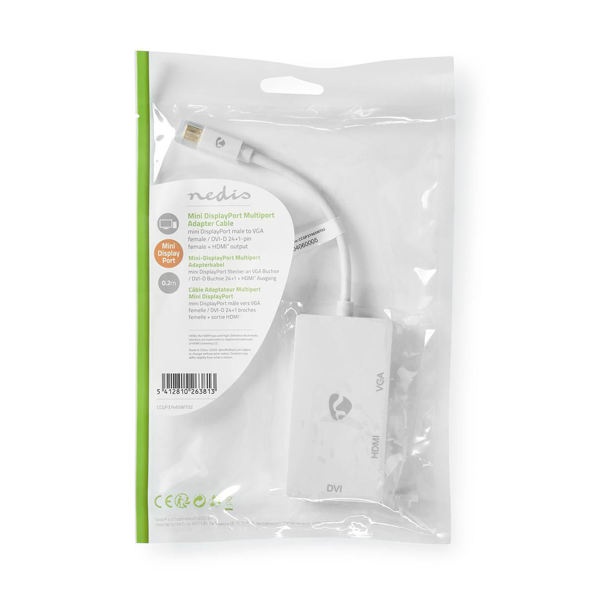 Un paquete de plástico blanco y transparente que contiene un cable adaptador Mini DisplayPort.