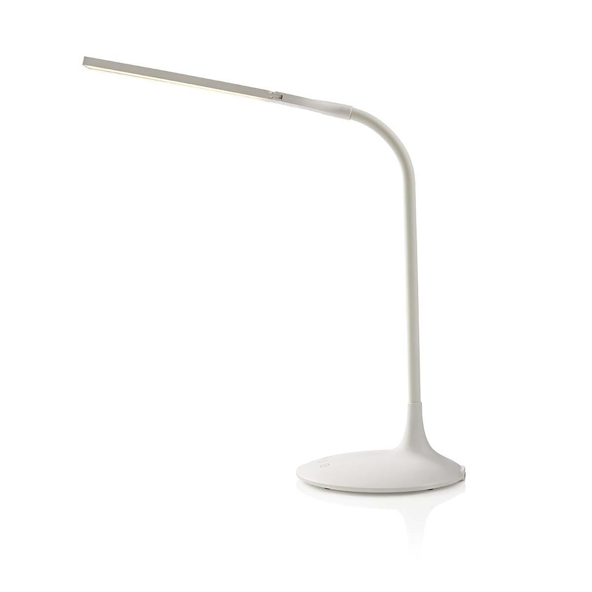 Lampada da scrivania bianca con collo curvo e pannello luminoso rettangolare.