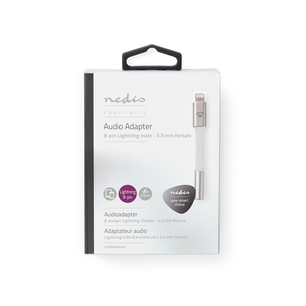 Audioadapter in einer weißen Box. Er hat einen Lightning-8-Pin-Stecker auf 3,5-mm-Buchse.