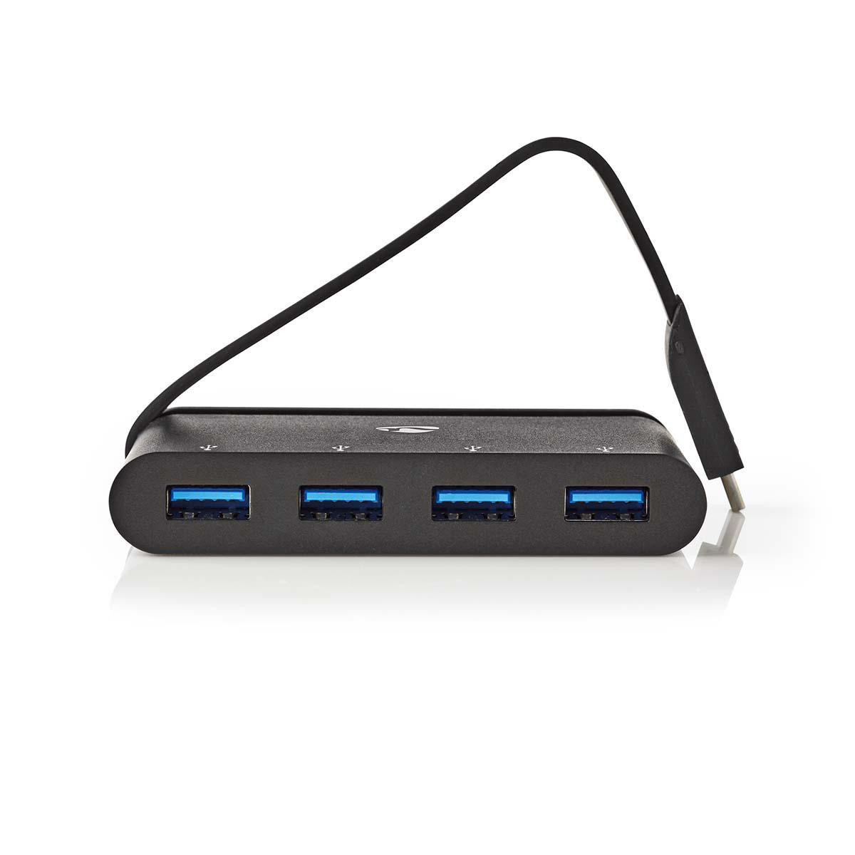 Schwarzer USB-Hub mit vier blauen USB-Anschlüssen und schwarzem Kabel.