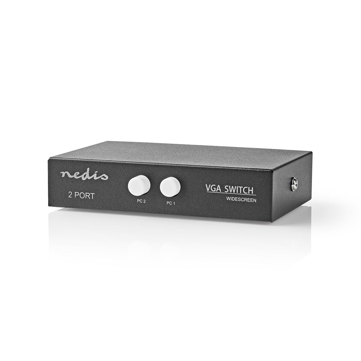 Schwarzer 2-Port-VGA-Switch mit zwei weißen Tasten, beschriftet PC1 und PC2, auf weißem Hintergrund.