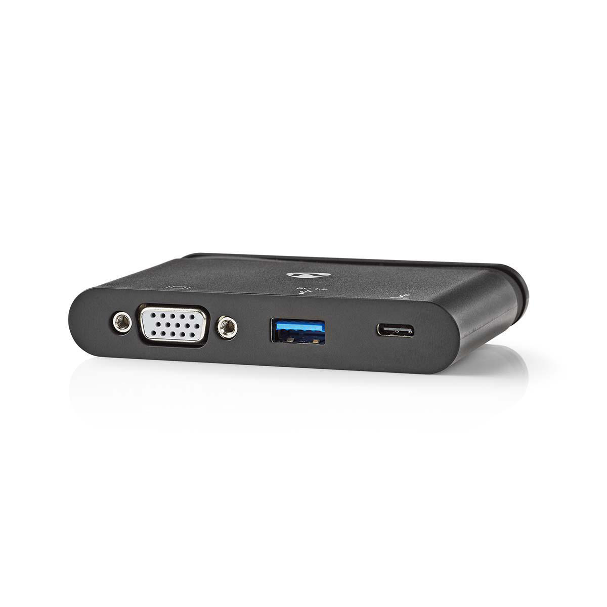 Schwarzer USB-C-Hub mit verschiedenen Anschlüssen, darunter VGA, USB und ein weiterer USB-C-Anschluss.