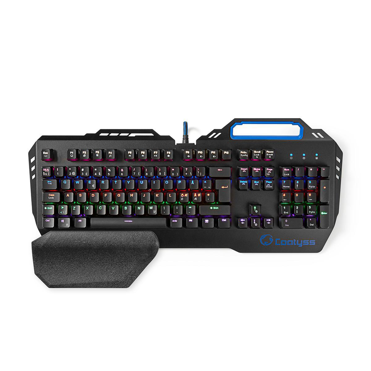 Schwarze Tastatur mit mehrfarbigen Tasten. Graue Handballenauflage. Weißer Hintergrund.