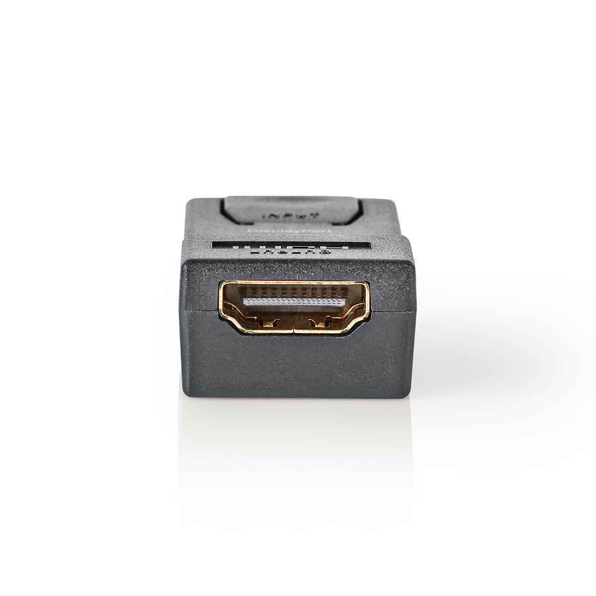 Adaptador HDMI negro. La parte frontal muestra el conector HDMI de color dorado.