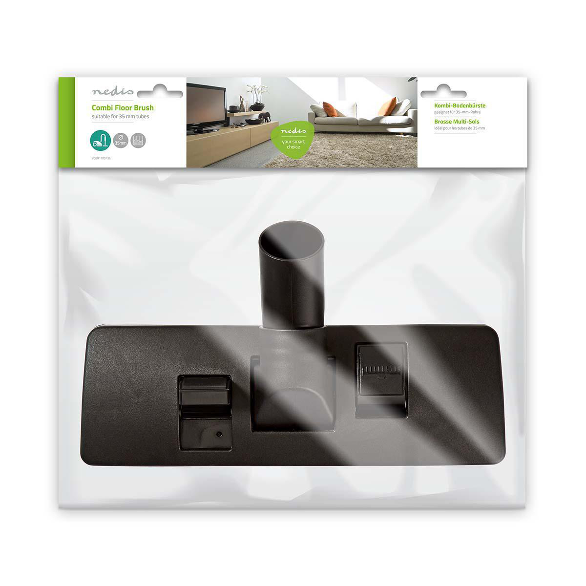 Een stofzuigerborstel in een plastic verpakking, met een woonkamerachtergrond.