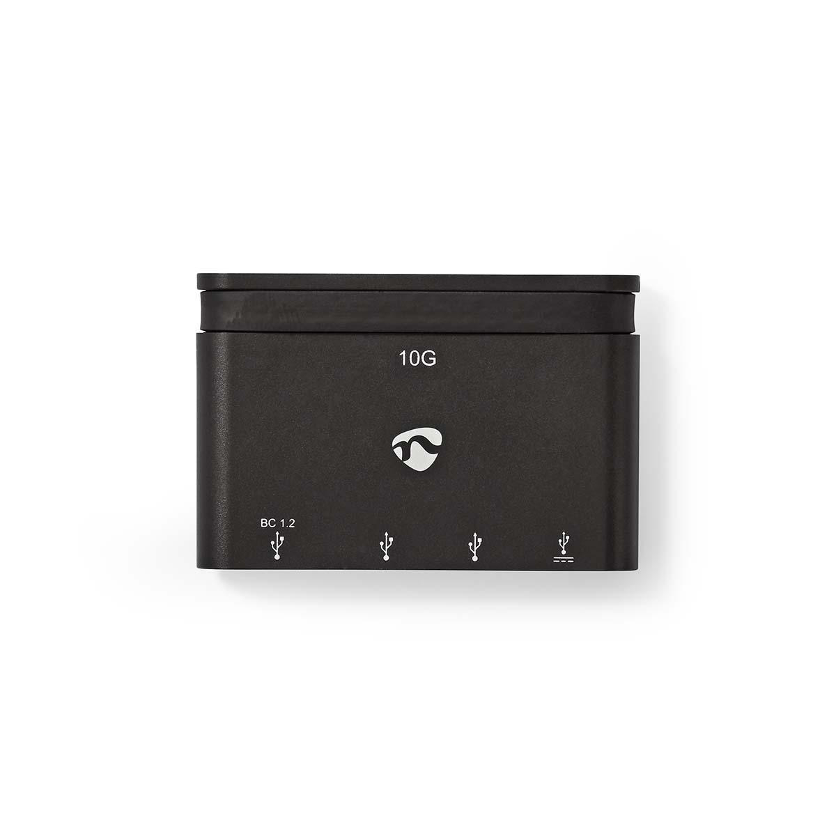 Schwarzer USB-Hub mit vier Anschlüssen, weißem Logo und Text '10G'.