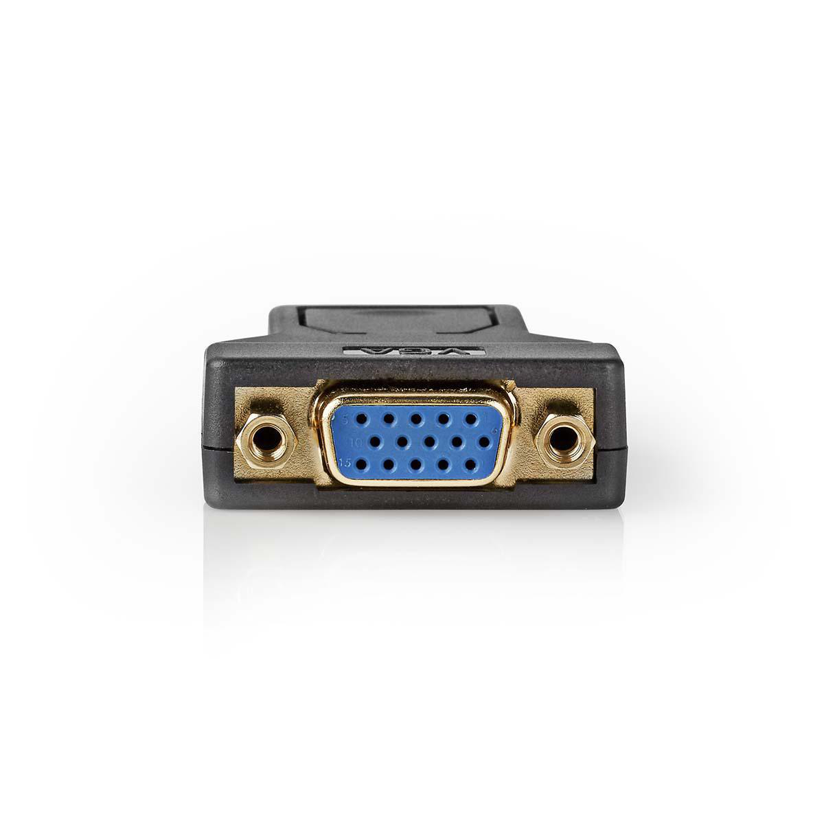 Connecteur VGA sur fond blanc, avec broches bleues et deux vis. Il est noir et a une bordure dorée.