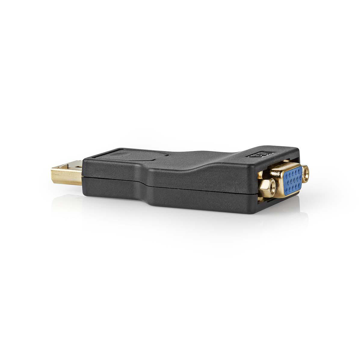Adaptateur HDMI vers VGA noir sur fond blanc, avec connecteurs dorés et bleus.