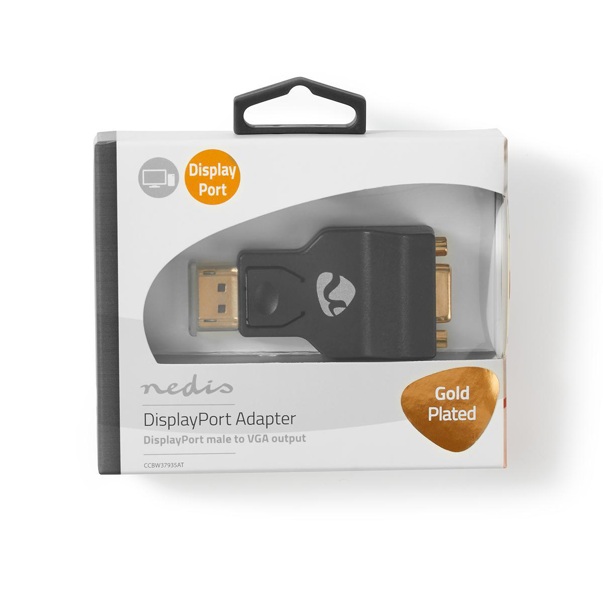 Adaptateur DisplayPort dans une boîte blanche avec adaptateur noir, plaqué or, et le logo Nedis.