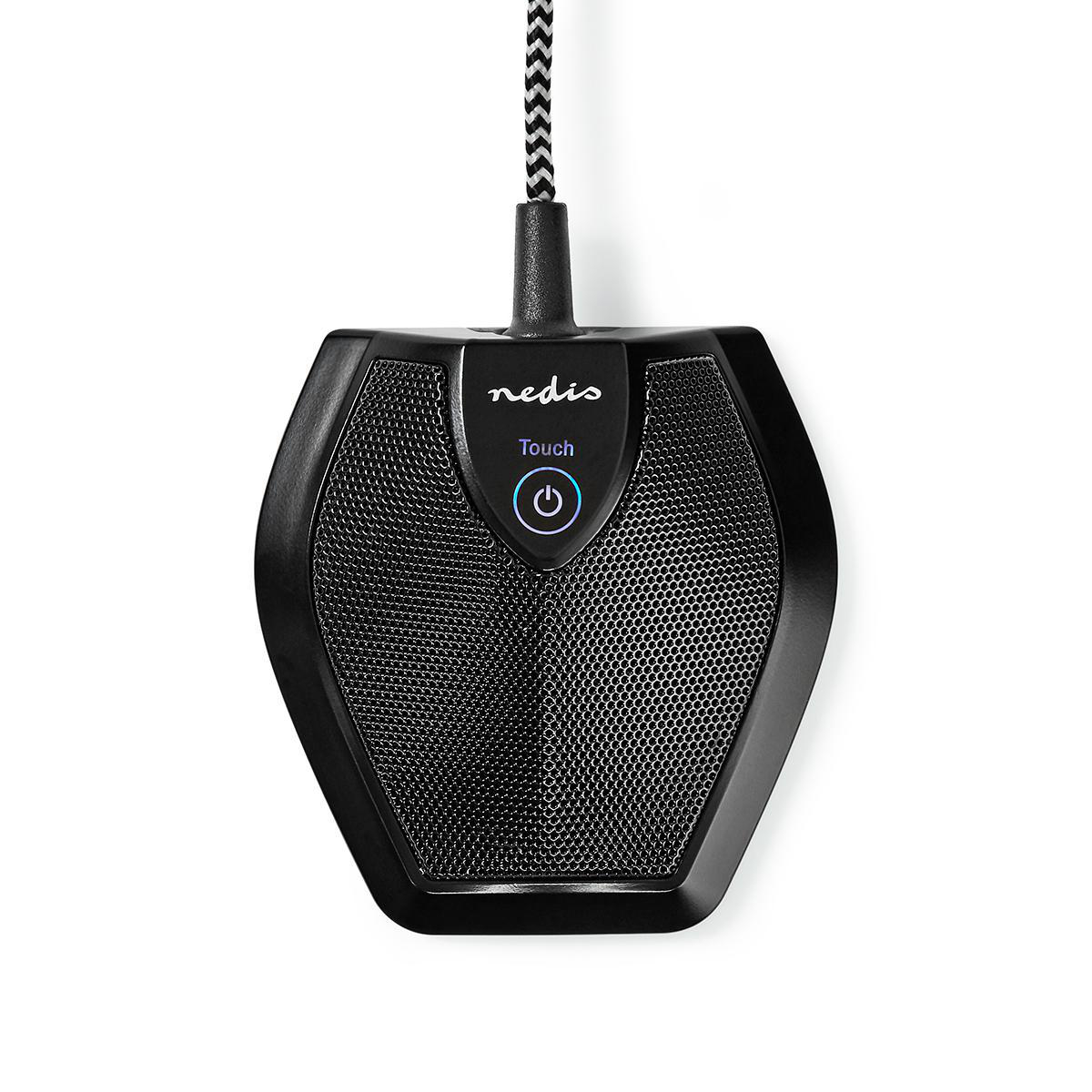 Czarny mikrofon z siatkowym przodem, przyciskiem dotykowym i podłączonym kablem.