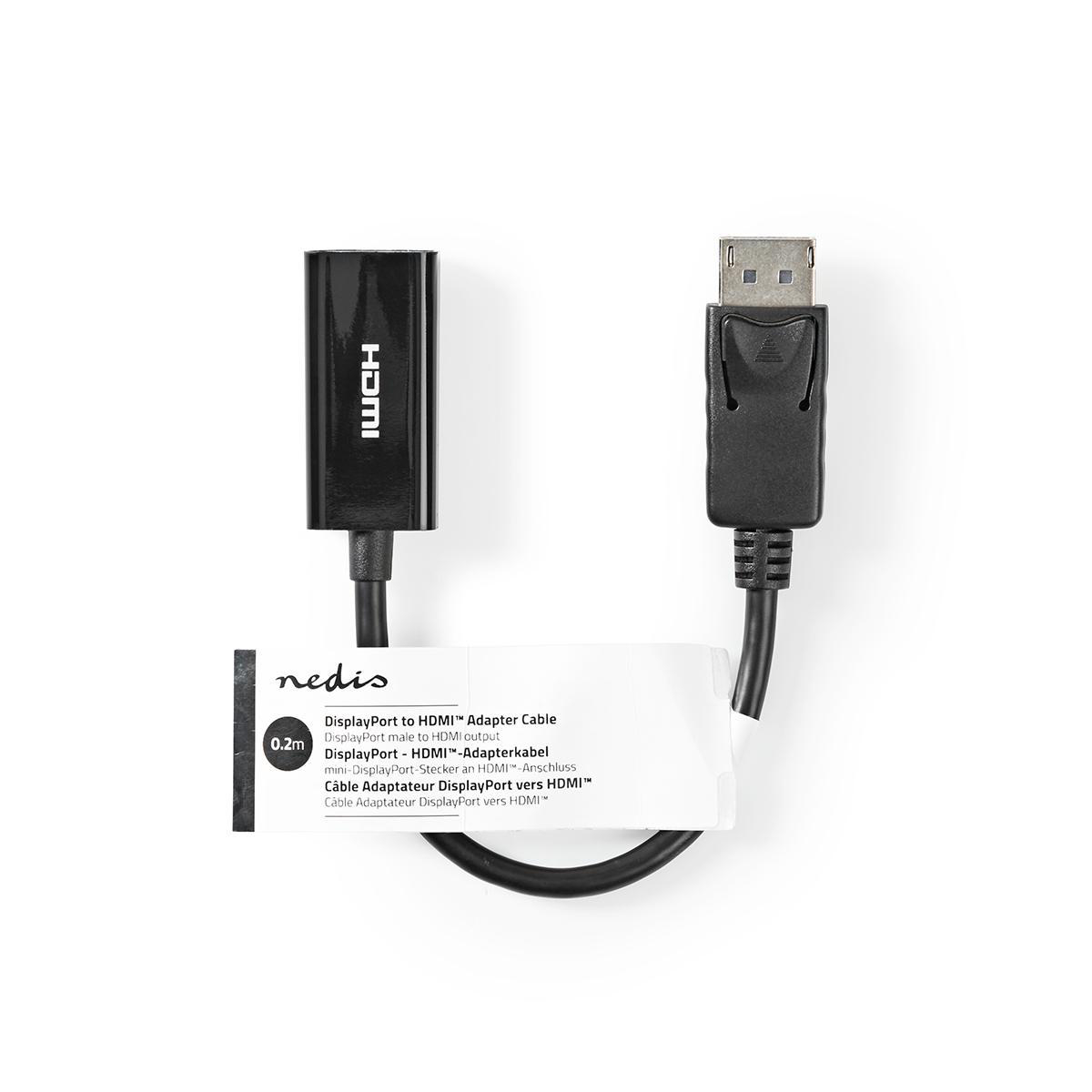 Czarny kabel adaptera DisplayPort do HDMI z białą etykietą. Białe tło.