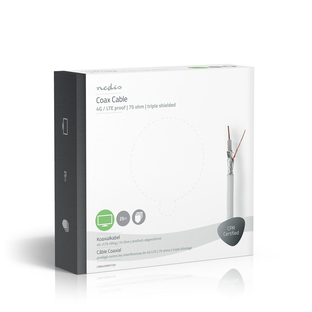 Une boîte blanche avec un câble coaxial à l'intérieur et des informations sur le câble. La boîte est étiquetée avec des informations techniques.
