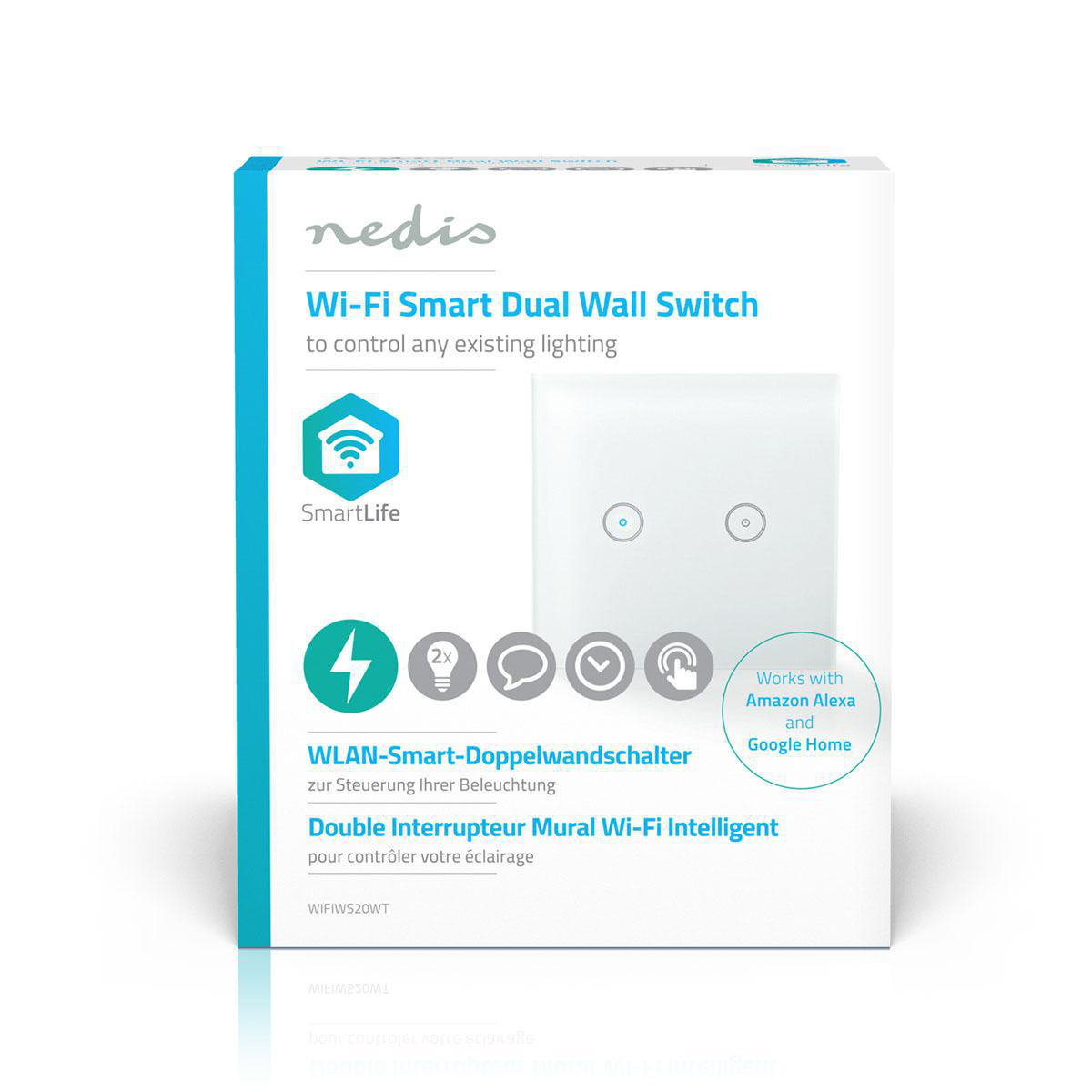 Weiße Box mit Wi-Fi Smart Dual Wall Switch. Mit Symbolen und Text. Blauer Rand, weißer Hintergrund.