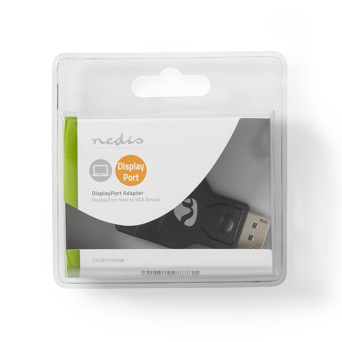 DisplayPort-Adapter in transparenter Plastikverpackung auf weißem Hintergrund mit grünem Etikett.