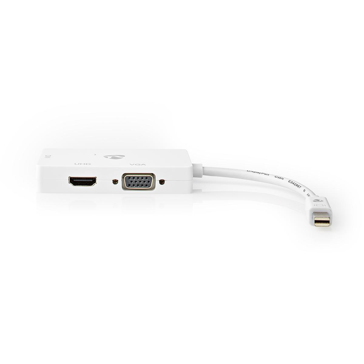 Adattatore bianco con porte HDMI, VGA e un piccolo connettore DisplayPort su sfondo bianco.