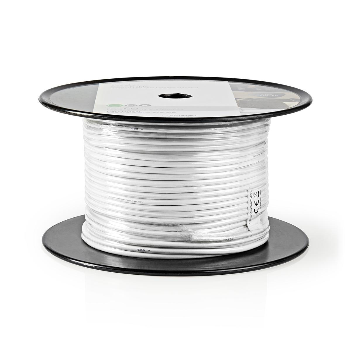 Eine weiße Kabeltrommel mit weißem Kabel, schwarzem Sockel und Oberteil auf weißem Hintergrund.