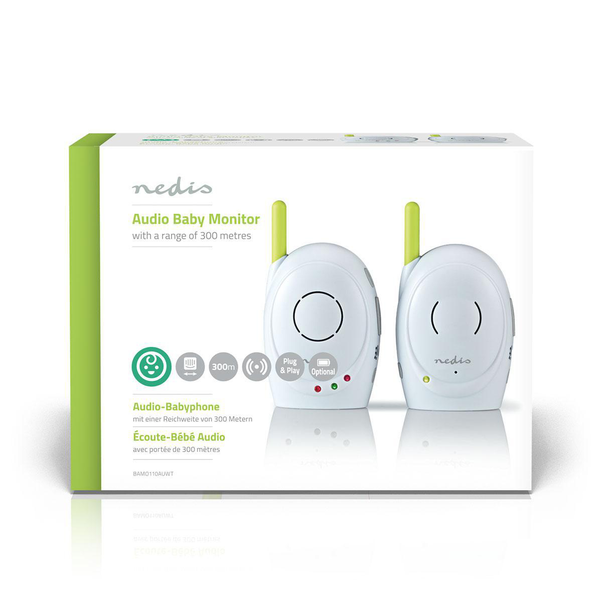 Babyphone-Set im Karton. Es enthält zwei weiße Geräte mit grünen Antennen, auf weißem Hintergrund.