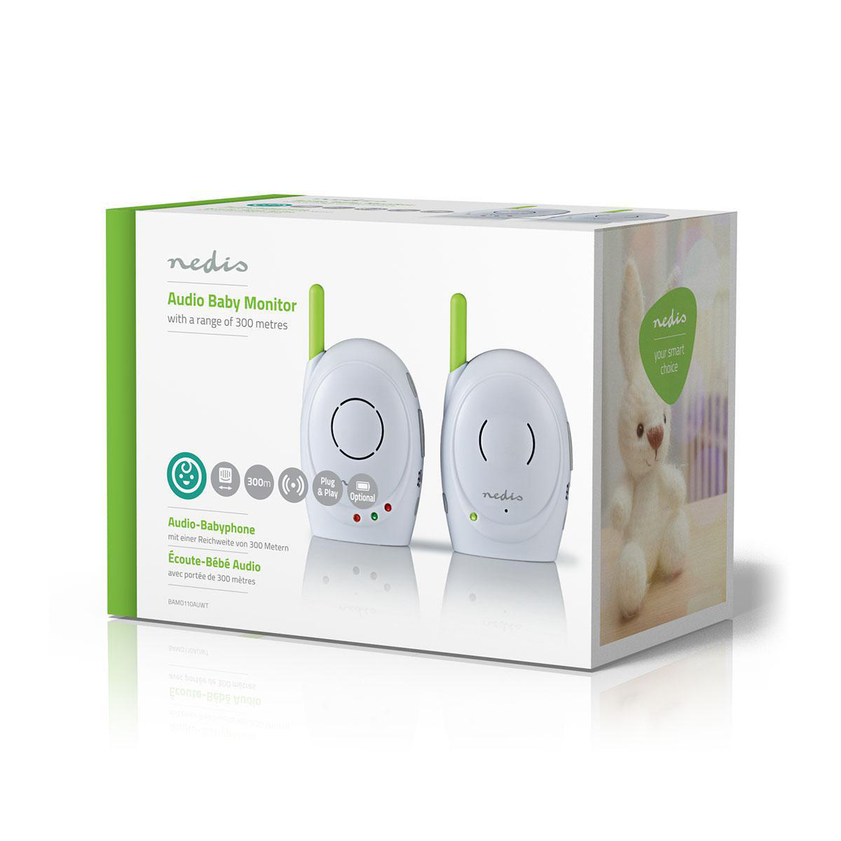 Weißes Babyphone und Box mit Text und Teddybär.