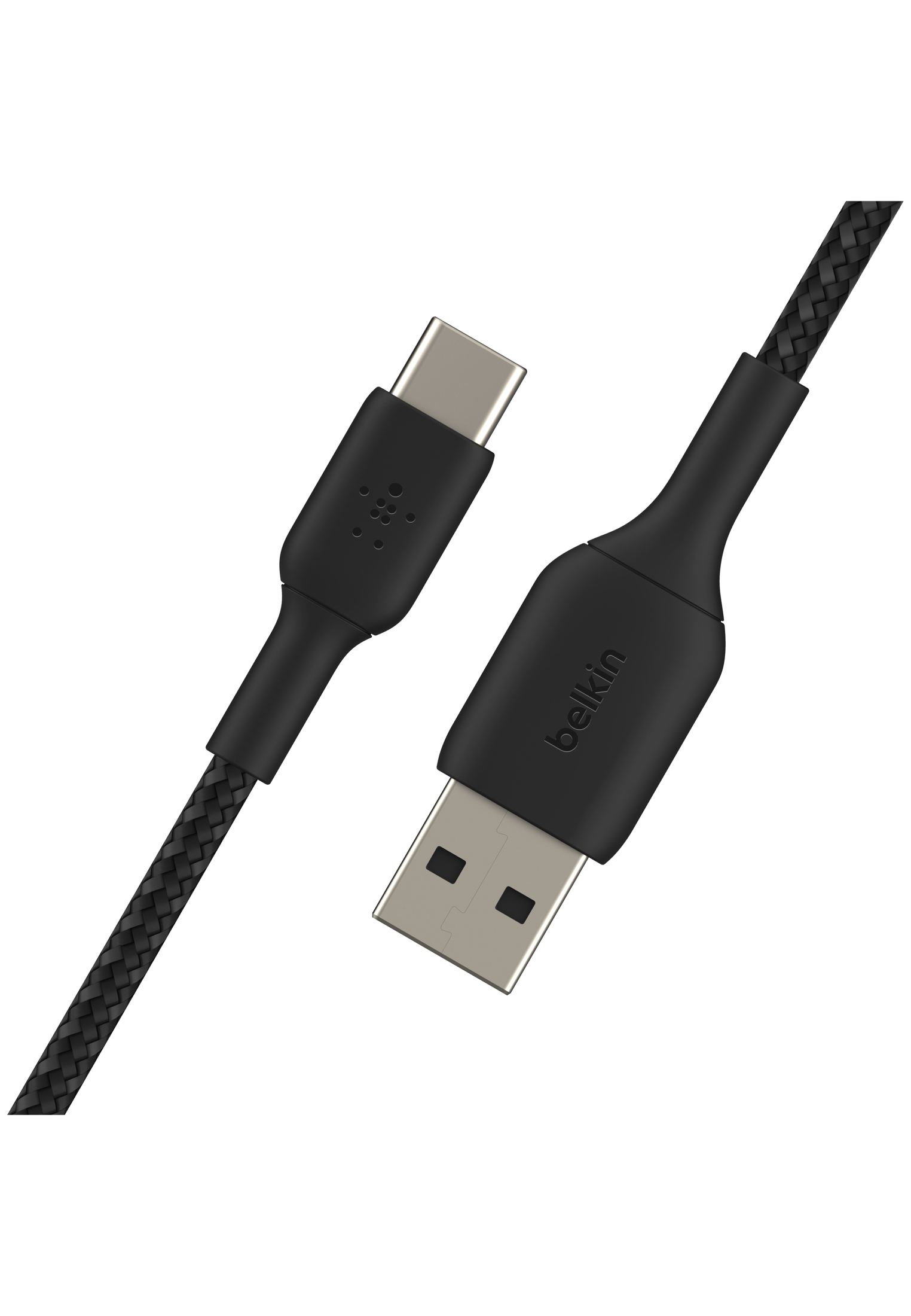 Cavo USB-C nero con connettore USB su sfondo bianco.