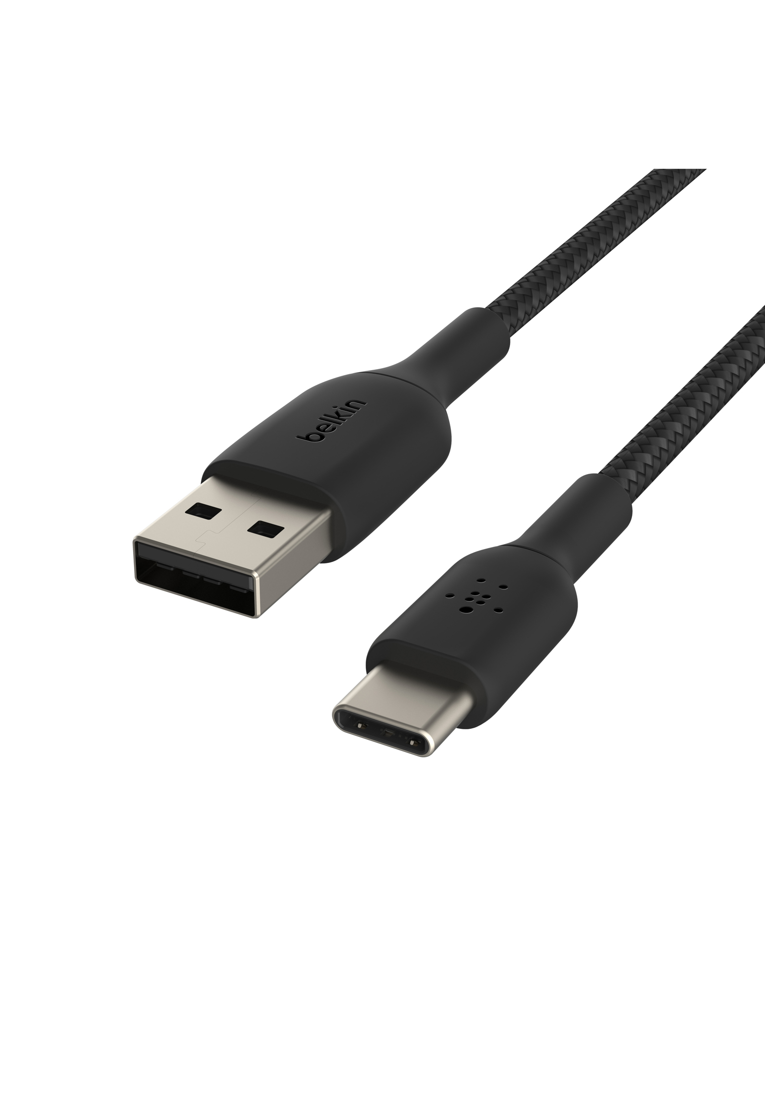 Cavo USB-C a USB-A nero con design intrecciato, su sfondo bianco.