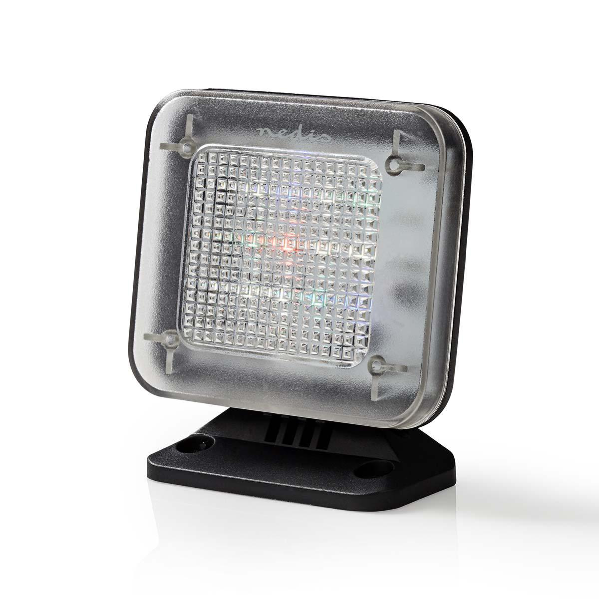 Ein quadratisches schwarzes LED-Licht mit transparentem Deckel. Es ist auf einem schwarzen Sockel montiert und nach oben abgewinkelt.