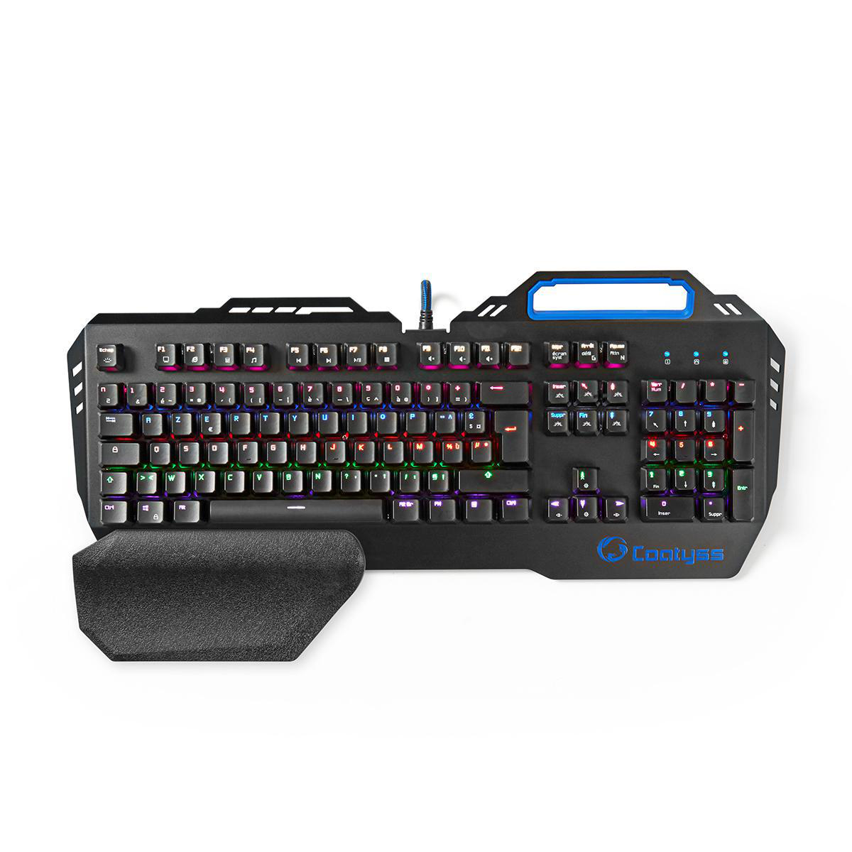 Schwarze mechanische Tastatur mit farbigen beleuchteten Tasten und Handgelenkauflage, mit Logo und weißem Hintergrund.