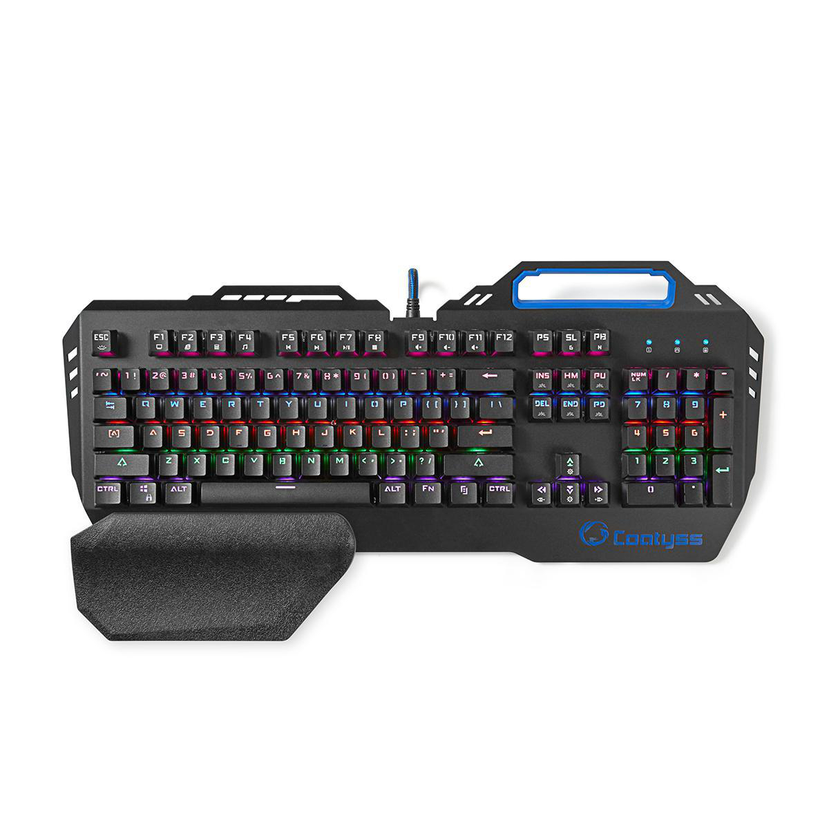 Schwarze Gaming-Tastatur mit Handballenauflage, mehrfarbigen Tasten und blauem Kabel.