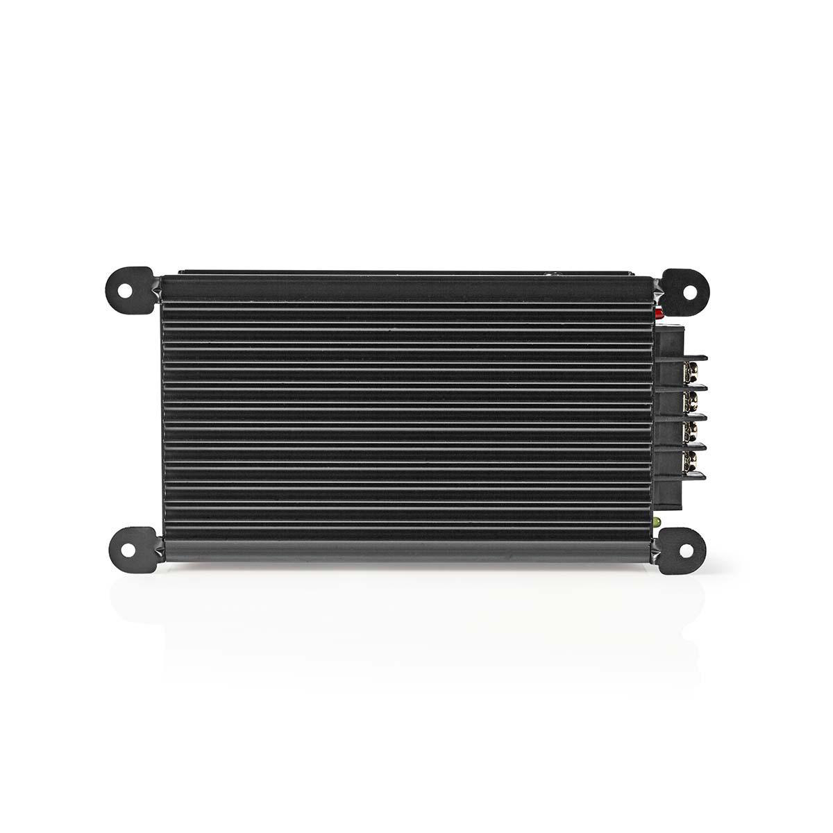 Zwart elektronisch onderdeel met horizontale lijnen en montagegaten in elke hoek.
