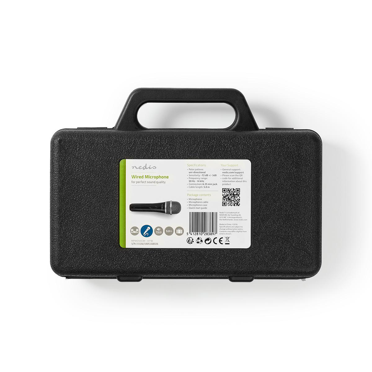 Een zwarte microfoontas met een handvat. Productdetails en een microfoonillustratie zijn zichtbaar.