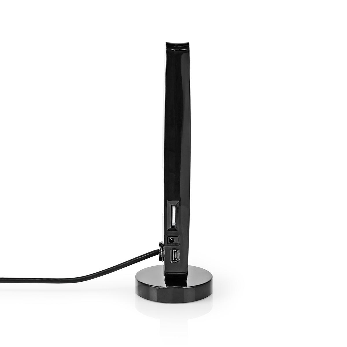 Zijaanzicht van een zwarte computermonitor, met een zwarte voet en diverse poorten. De achtergrond is wit.