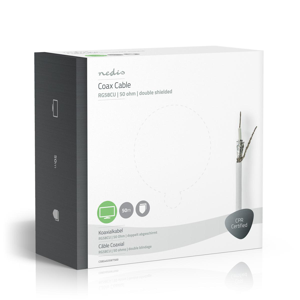 Witte doos met coaxkabel. De doos heeft een afbeelding van de kabel en tekst.