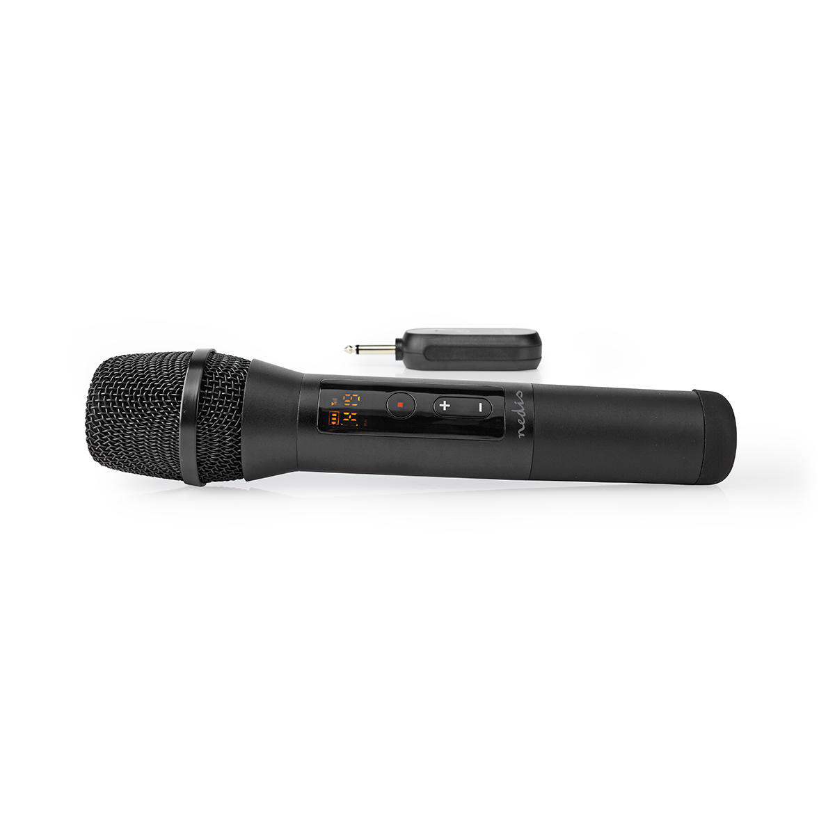 Zwarte microfoon met een mesh-kop en een draadloze ontvanger op een witte ondergrond.