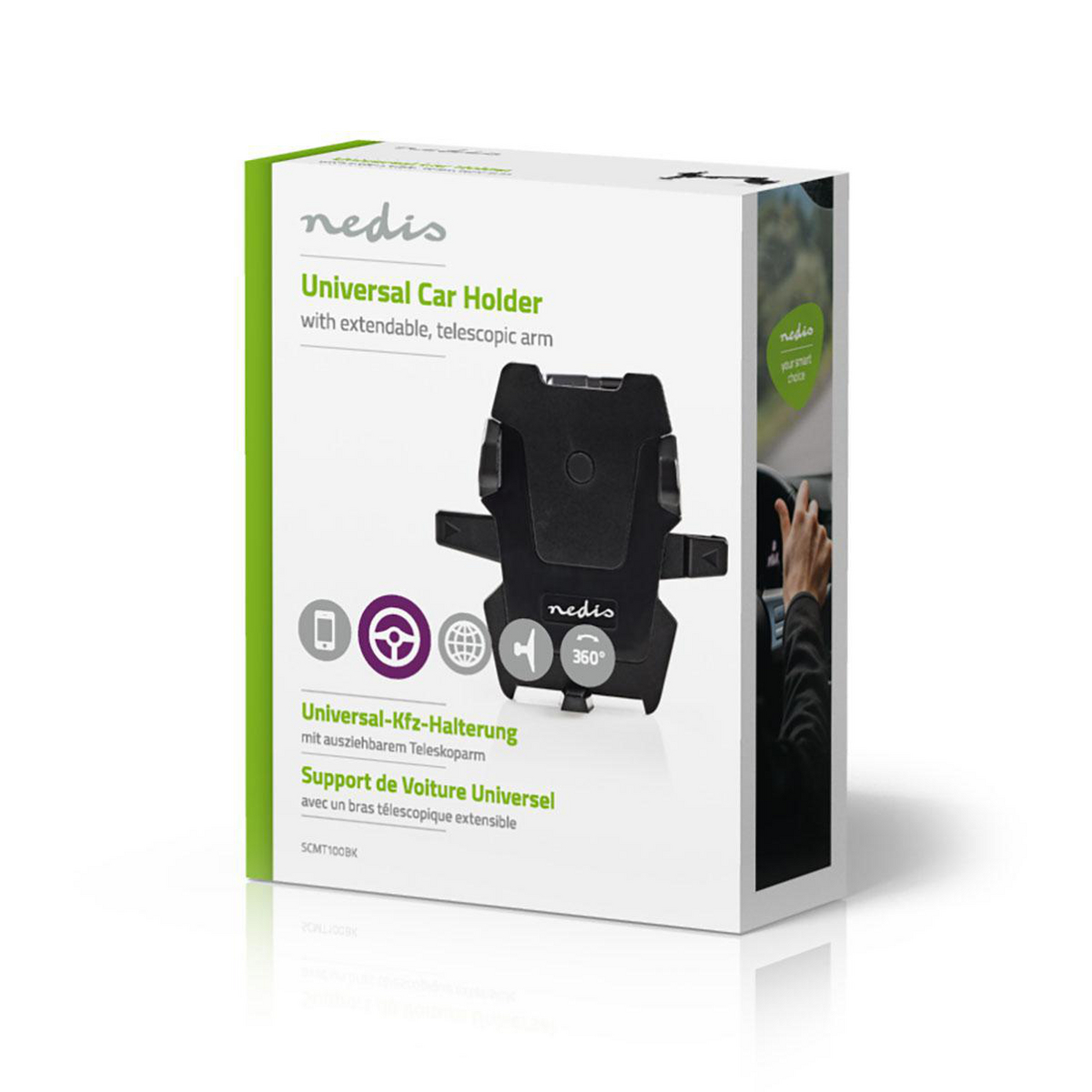 Weiße und grüne Box mit Autohalter-Bild und Texten. Schwarzer Halter innen. 'Universal Car Holder'.