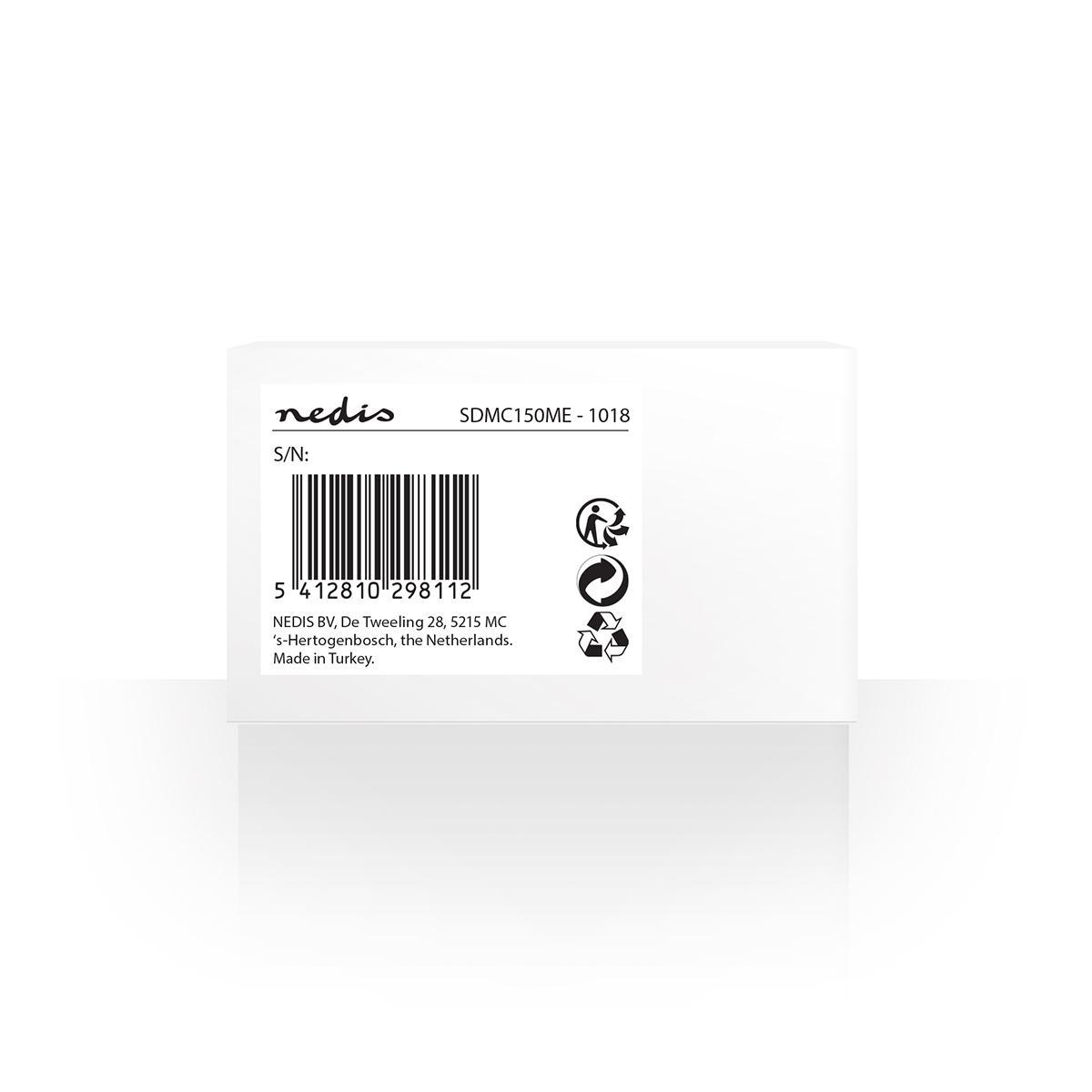 Nedis Produktbox-Etikett. Weißes Etikett mit Barcode, Recyclingsymbolen und Produktdetails.