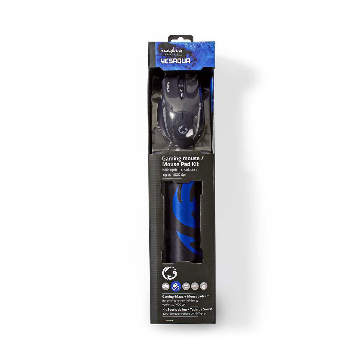Gaming-Maus und Mauspadd-Kit in einer Box. Blaues Mauspadd und schwarze Maus sichtbar.
