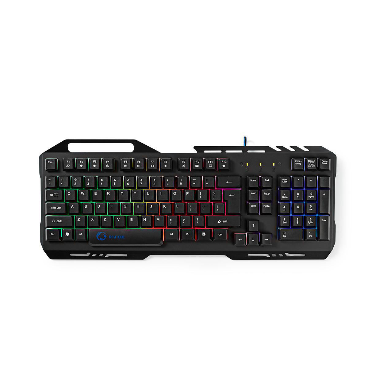 Schwarze Tastatur mit bunten Lichtern und weißem Text.